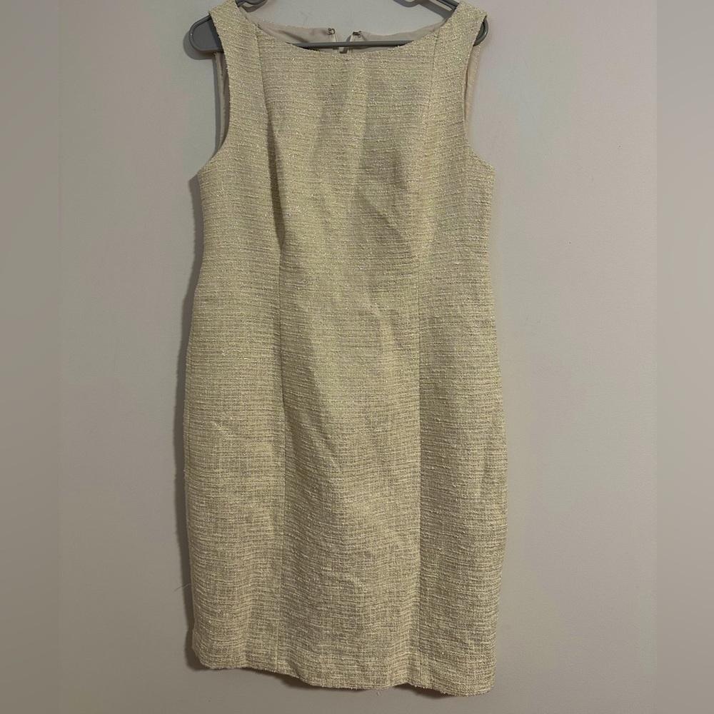 Rickie Freeman Teri Jon vintage yellow gold metallic tweed sheath dress midi